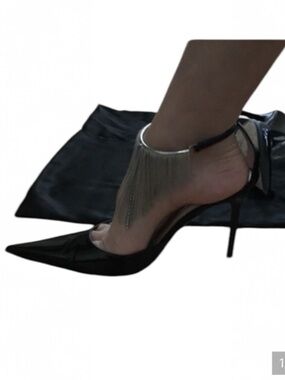 Cesare Paciotti Black Patent Leather Stiletto Heels with Fringe Size 8.5 EUC